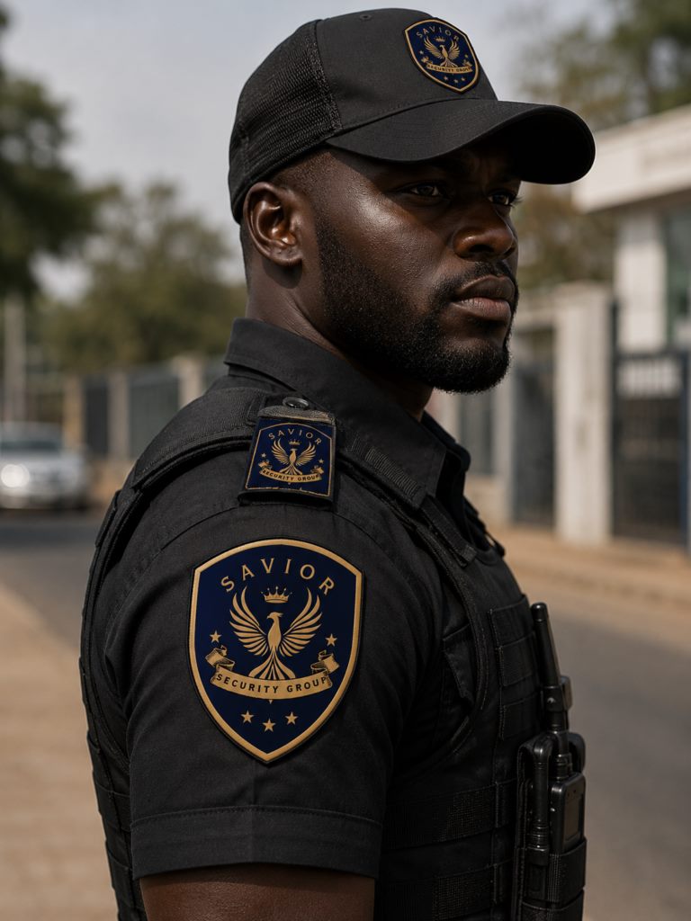 Agent de gardiennage SAVIOR SECURITY GROUP en poste devant l’entrée d’un site sécurisé