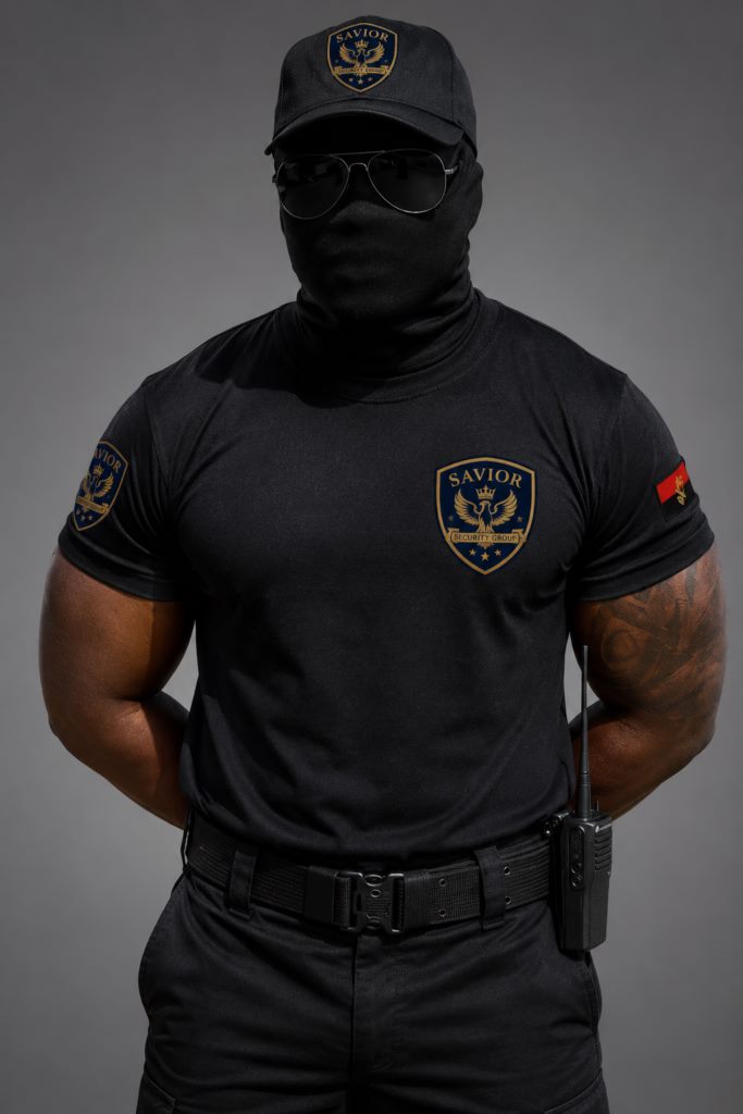 Agent SAVIOR SECURITY GROUP en tenue opérationnelle, portrait en studio